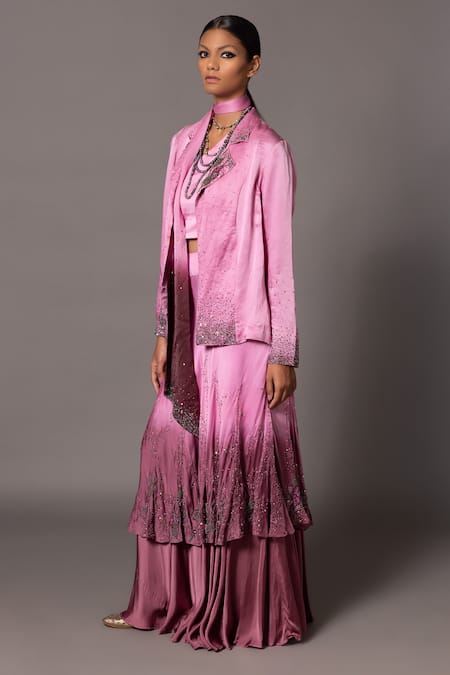 A Humming Way_Pink Bamboo, Satin, Desert Rose Embroidered Ombre Tiered Lehenga Jacket Set _Online_at_Aza_Fashions