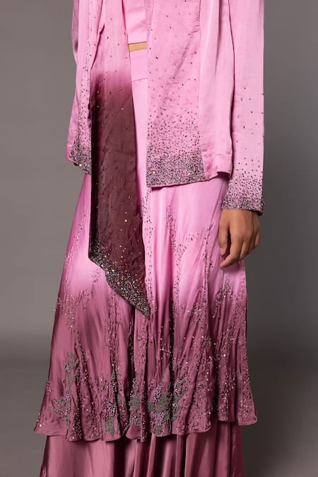 Buy_A Humming Way_Pink Bamboo, Satin, Desert Rose Embroidered Ombre Tiered Lehenga Jacket Set _Online_at_Aza_Fashions