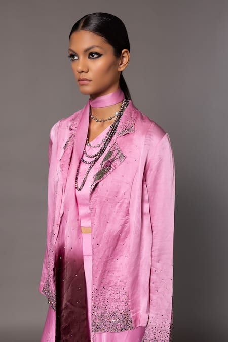 Shop_A Humming Way_Pink Bamboo, Satin, Desert Rose Embroidered Ombre Tiered Lehenga Jacket Set _Online_at_Aza_Fashions