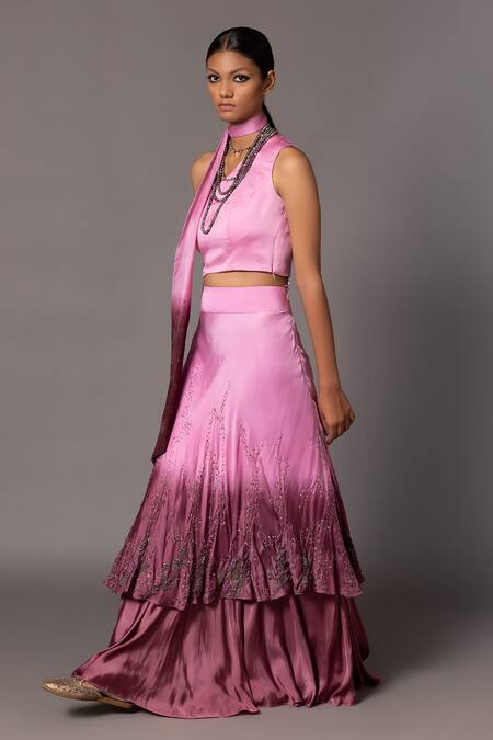 A Humming Way_Pink Bamboo, Satin, Desert Rose Embroidered Ombre Tiered Lehenga Jacket Set _at_Aza_Fashions