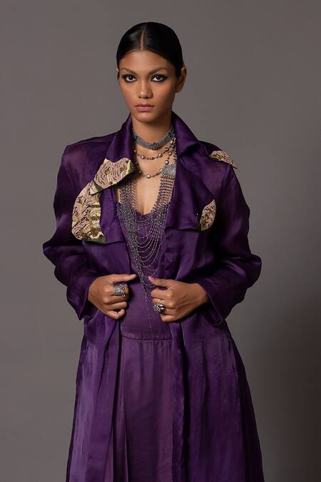 A Humming Way_Purple Linen Satin Embroidered Thread Jacket Lapel Collar Metallic With Gown _Online_at_Aza_Fashions