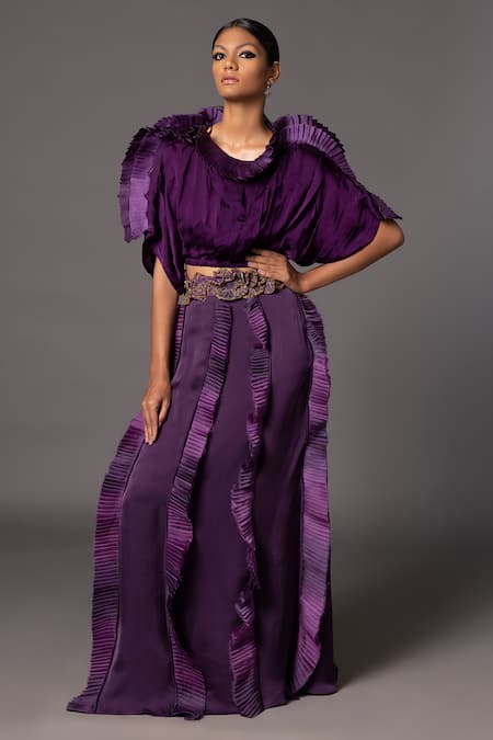 A Humming Way Purple Bamberg Georgette Satin Mushroom 3-d Pleated Kimono Top Skirt Set 