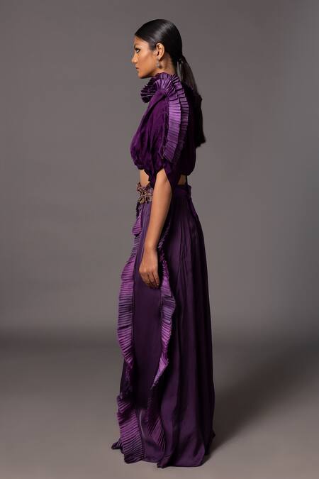 Buy_A Humming Way_Purple Bamberg Georgette Satin Mushroom 3-d Pleated Kimono Top Skirt Set _Online_at_Aza_Fashions