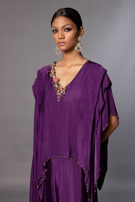 A Humming Way_Purple Satin Chiffon Embroidered Sequin V-neck Iris Stone Layered Kaftan _Online_at_Aza_Fashions