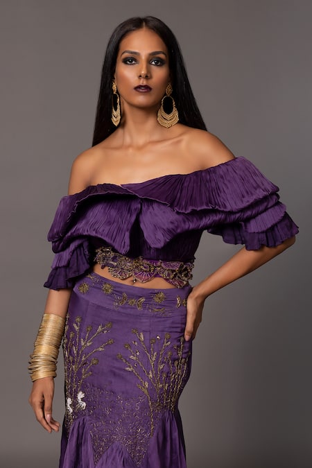 A Humming Way_Purple Satin, Organza, Linen Roma Thread Mermaid Lehenga With Ruffle Top _Online_at_Aza_Fashions