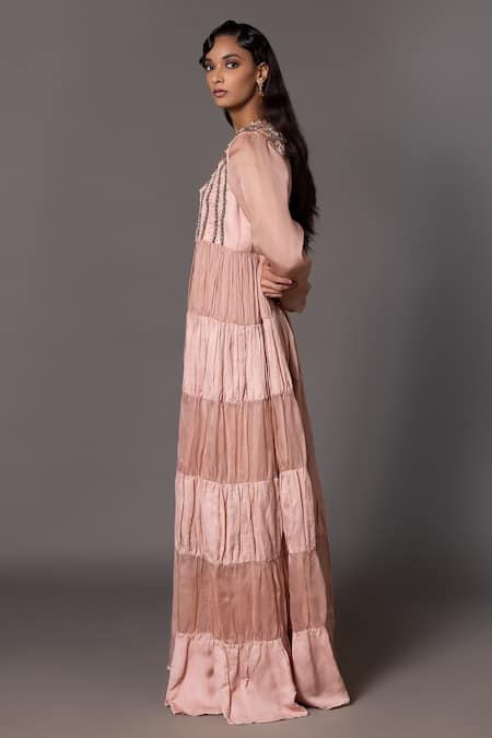 Buy_A Humming Way_Pink Linen Satin Embroidered Sequin Cape Metallic Stone Threadwork With Dress _Online_at_Aza_Fashions