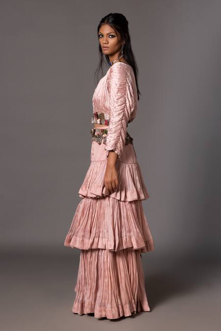 A Humming Way_Pink Satin, Organza, Georgette Sang-e-sitara Pleated Tiered Lehenga Set _Online_at_Aza_Fashions