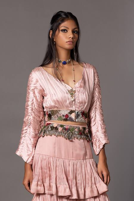 Buy_A Humming Way_Pink Satin, Organza, Georgette Sang-e-sitara Pleated Tiered Lehenga Set _Online_at_Aza_Fashions