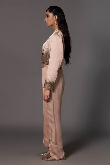 A Humming Way_Beige Linen Satin Embroidered Bead Ombre Embellished Tuxedo Jacket Trouser Set _Online_at_Aza_Fashions