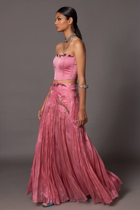 Buy_A Humming Way_Pink Satin, Organza Embroidery, Kaner Metallic Thread Skirt With Corset _Online_at_Aza_Fashions