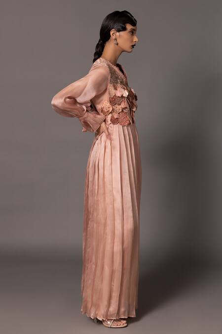 A Humming Way_Pink Satin Organza Embroidered Bead V-neck Mima Mounds Beadwork Applique Gown _Online_at_Aza_Fashions