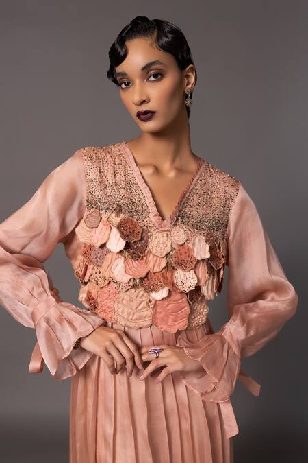 Buy_A Humming Way_Pink Satin Organza Embroidered Bead V-neck Mima Mounds Beadwork Applique Gown _Online_at_Aza_Fashions