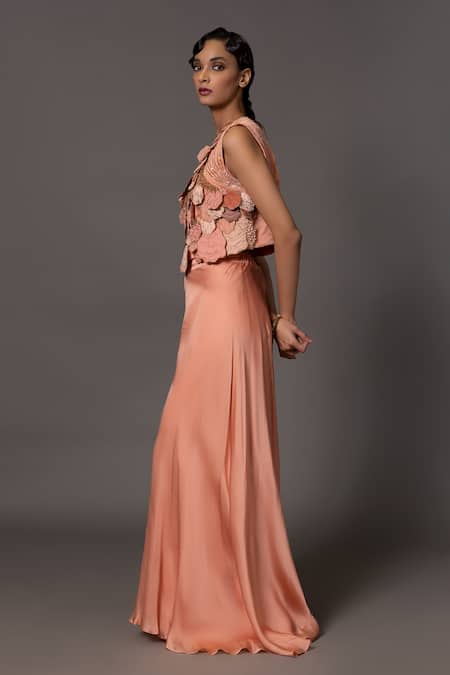 A Humming Way_Pink Satin Organza Embroidered Bead Round Mima Applique Top With Trouser _Online_at_Aza_Fashions