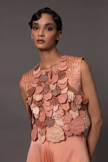 Buy_A Humming Way_Pink Satin Organza Embroidered Bead Round Mima Applique Top With Trouser _Online_at_Aza_Fashions