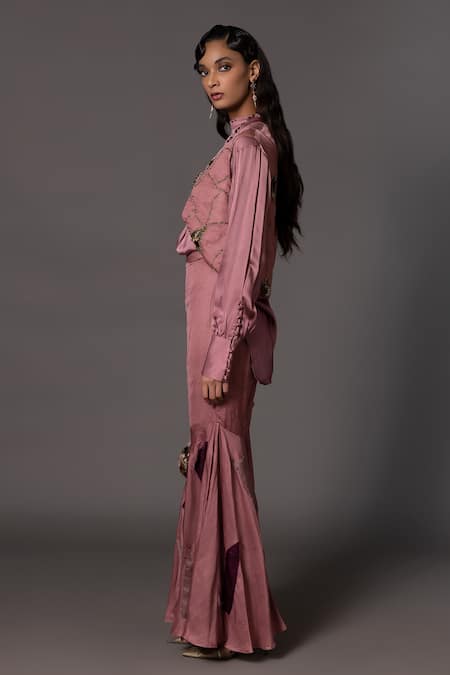 A Humming Way_Pink Linen Satin Embroidered Bead Mesa Metallic Threadwork Gillet Gharara Set _Online_at_Aza_Fashions
