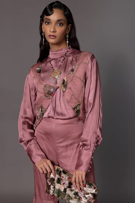 Buy_A Humming Way_Pink Linen Satin Embroidered Bead Mesa Metallic Threadwork Gillet Gharara Set _Online_at_Aza_Fashions