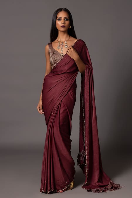 A Humming Way Red Satin Chiffon Embroidered Bead Namib Applique Saree With Threadwork Blouse 