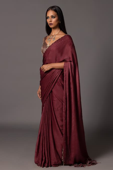 A Humming Way_Red Satin, Georgette, Chiffon Sequins, Namib Saree With Threadwork Blouse _Online_at_Aza_Fashions