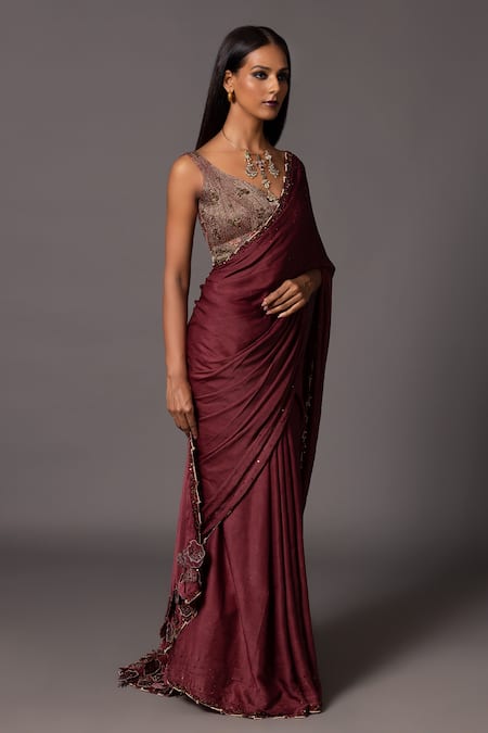 Buy_A Humming Way_Red Satin, Georgette, Chiffon Sequins, Namib Saree With Threadwork Blouse _Online_at_Aza_Fashions
