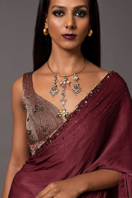 Shop_A Humming Way_Red Satin, Georgette, Chiffon Sequins, Namib Saree With Threadwork Blouse _Online_at_Aza_Fashions