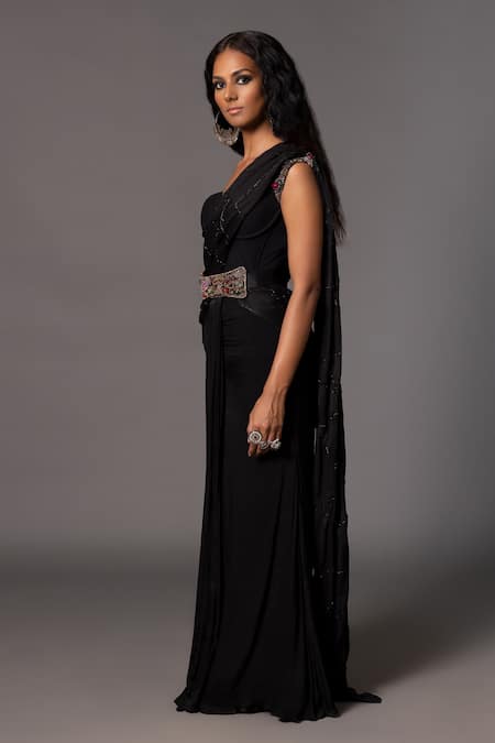 A Humming Way_Black Satin Beads, Stones Crystal Embellished Corset Saree _Online_at_Aza_Fashions