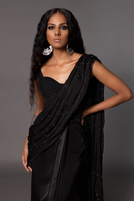 Buy_A Humming Way_Black Satin Beads, Stones Crystal Embellished Corset Saree _Online_at_Aza_Fashions