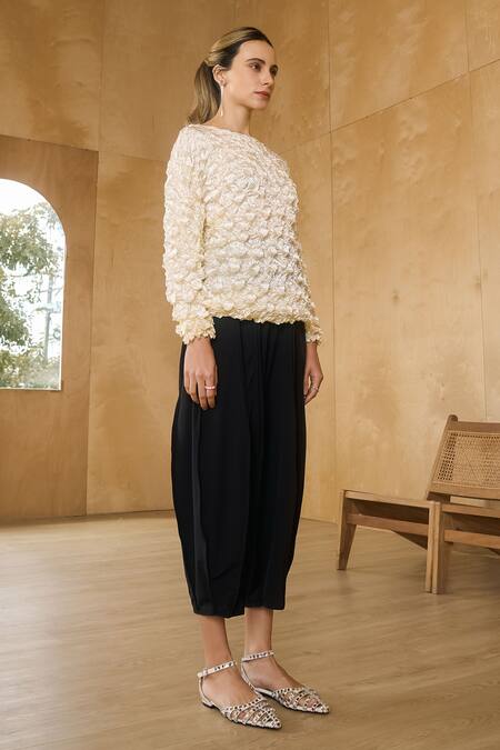 Pleats By Aruni_Black Chanderi Plain Harem Pant _at_Aza_Fashions