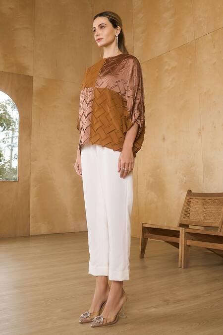 Buy_Pleats By Aruni_Brown Crepe Textured Round Neck Sydney Dual Tone Blouse_Online_at_Aza_Fashions