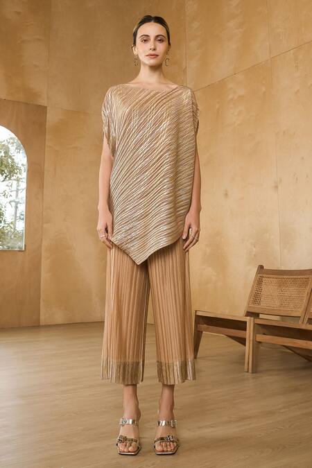 Pleats By Aruni Gold Polyester Asymmetric Top With Pant Online at Aza Fashions Pleats By Aruni_Gold Polyester Asymmetric Top With Pant_Online_at_Aza_Fashions