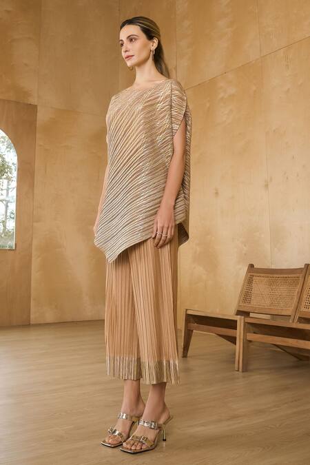 Buy Pleats By Aruni Gold Polyester Asymmetric Top With Pant Online at Aza Fashions Buy_Pleats By Aruni_Gold Polyester Asymmetric Top With Pant_Online_at_Aza_Fashions