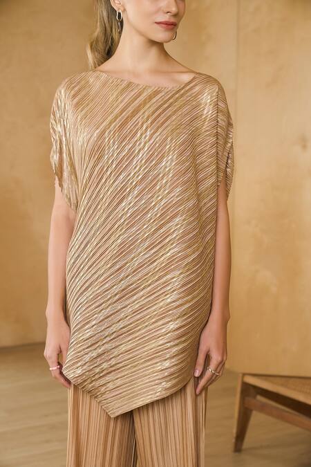 Shop Pleats By Aruni Gold Polyester Asymmetric Top With Pant Online at Aza Fashions Shop_Pleats By Aruni_Gold Polyester Asymmetric Top With Pant_Online_at_Aza_Fashions