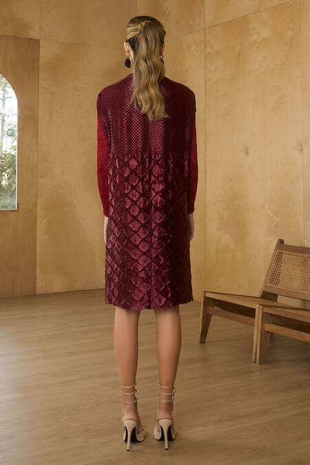 Shop Pleats By Aruni Maroon Polyester Round Neck Mermaid Scale Textured Dress at Aza Fashions Shop_Pleats By Aruni_Maroon Polyester Round Neck Mermaid Scale Textured Dress_at_Aza_Fashions