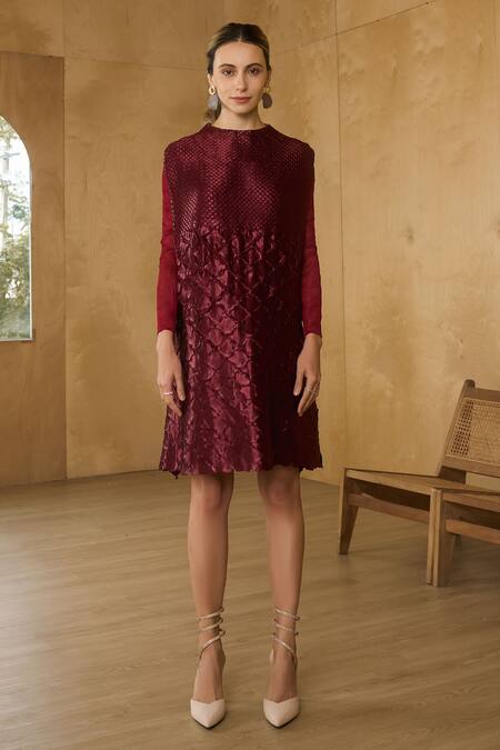 Pleats By Aruni Maroon Polyester Round Neck Mermaid Scale Textured Dress Online at Aza Fashions Pleats By Aruni_Maroon Polyester Round Neck Mermaid Scale Textured Dress_Online_at_Aza_Fashions