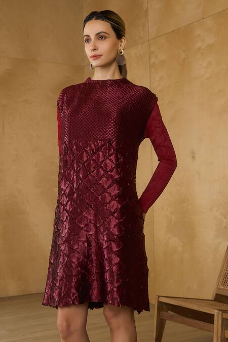 Buy Pleats By Aruni Maroon Polyester Round Neck Mermaid Scale Textured Dress Online at Aza Fashions Buy_Pleats By Aruni_Maroon Polyester Round Neck Mermaid Scale Textured Dress_Online_at_Aza_Fashions