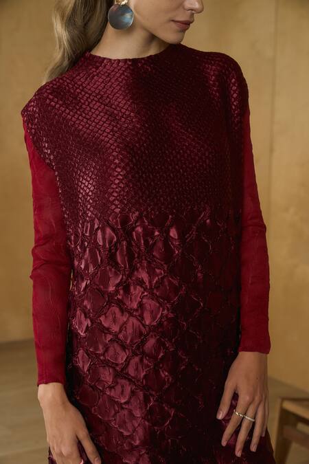 Shop Pleats By Aruni Maroon Polyester Round Neck Mermaid Scale Textured Dress Online at Aza Fashions Shop_Pleats By Aruni_Maroon Polyester Round Neck Mermaid Scale Textured Dress_Online_at_Aza_Fashions