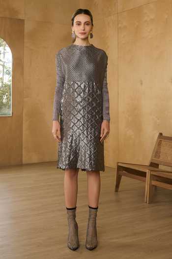 Pleats By Aruni_Grey Polyester Round Neck Full Sleeve Mermaid Scale Textured Dress_Online_at_Aza_Fashions