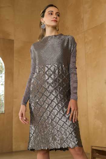 Buy_Pleats By Aruni_Grey Polyester Round Neck Full Sleeve Mermaid Scale Textured Dress_Online_at_Aza_Fashions