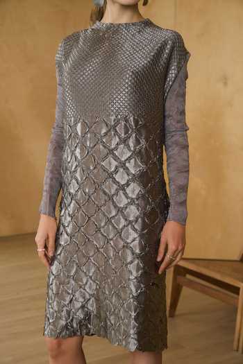 Shop_Pleats By Aruni_Grey Polyester Round Neck Full Sleeve Mermaid Scale Textured Dress_Online_at_Aza_Fashions