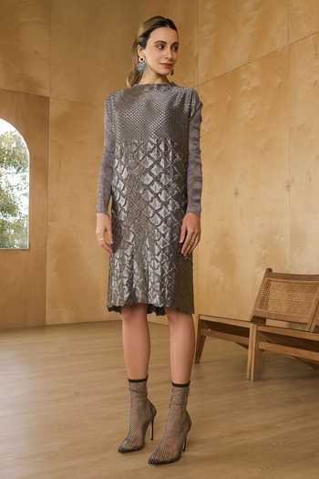 Pleats By Aruni_Grey Polyester Round Neck Full Sleeve Mermaid Scale Textured Dress_at_Aza_Fashions