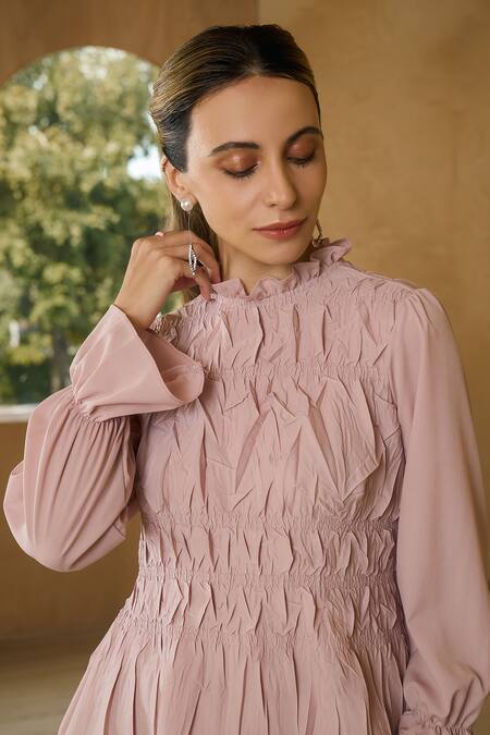 Buy_Pleats By Aruni_Pink Crepe Saashaa Circular Flounce Sleeve Blouse_Online_at_Aza_Fashions