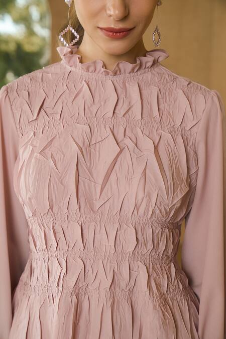 Shop_Pleats By Aruni_Pink Crepe Saashaa Circular Flounce Sleeve Blouse_Online_at_Aza_Fashions