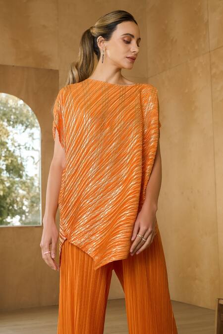 Pleats By Aruni Orange Polyester Asymmetric Metallic Long Top With Pant Online at Aza Fashions Pleats By Aruni_Orange Polyester Asymmetric Metallic Long Top With Pant_Online_at_Aza_Fashions