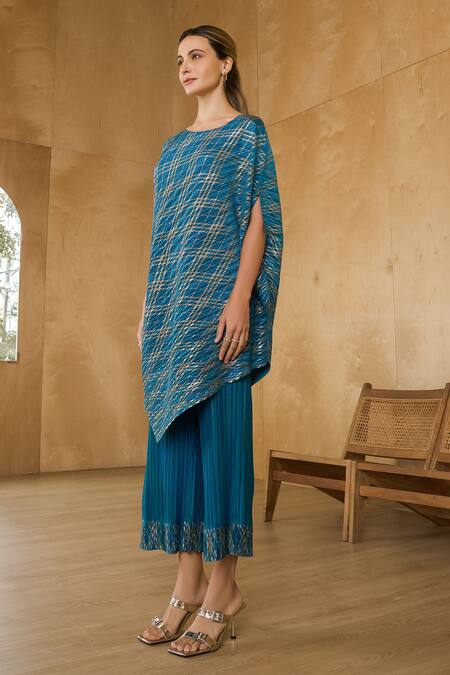 Pleats By Aruni_Blue Polyester Asymmetric Chequered Metallic Top With Pant_Online_at_Aza_Fashions