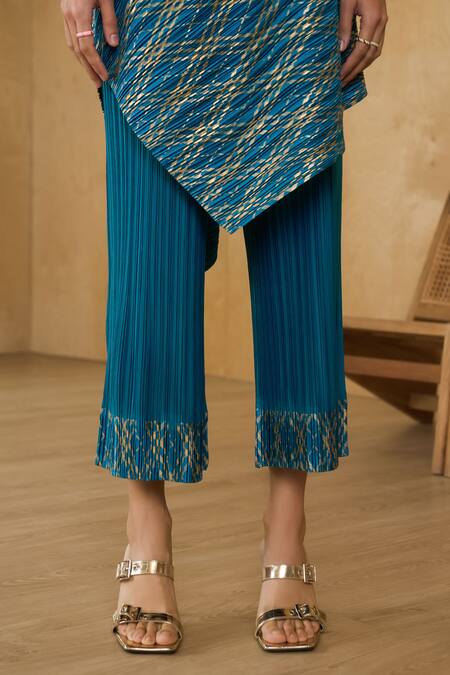 Buy_Pleats By Aruni_Blue Polyester Asymmetric Chequered Metallic Top With Pant_Online_at_Aza_Fashions