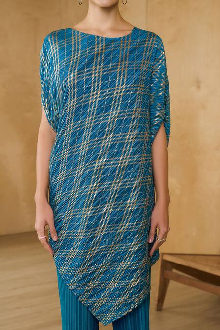 Shop_Pleats By Aruni_Blue Polyester Asymmetric Chequered Metallic Top With Pant_Online_at_Aza_Fashions