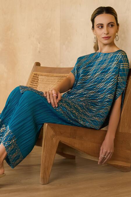 Pleats By Aruni_Blue Polyester Asymmetric Chequered Metallic Top With Pant_at_Aza_Fashions