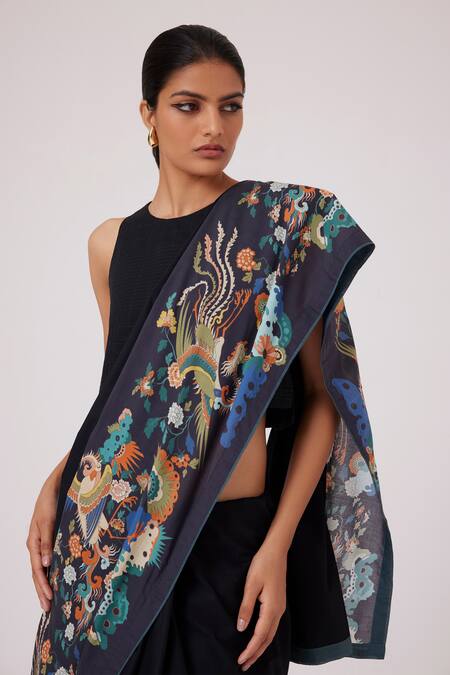 Buy_The Summer House_Black Linen Embroidery Asshai Printed Border Saree_Online_at_Aza_Fashions