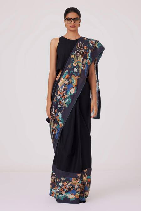 Shop_The Summer House_Black Linen Embroidery Asshai Printed Border Saree_Online_at_Aza_Fashions