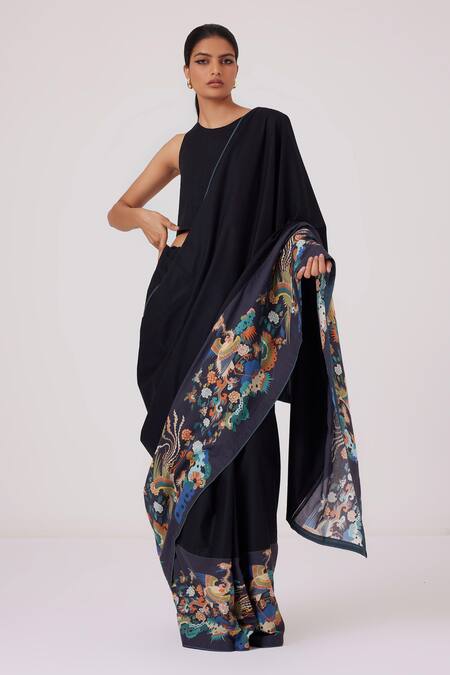 The Summer House_Black Linen Embroidery Asshai Printed Border Saree_at_Aza_Fashions