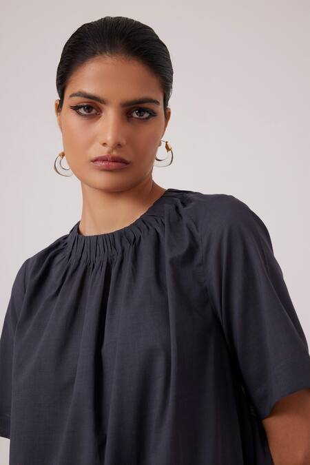 The Summer House_Black Voile Round Neck Dragon Print Gathered Neckline Midi Dress_Online_at_Aza_Fashions